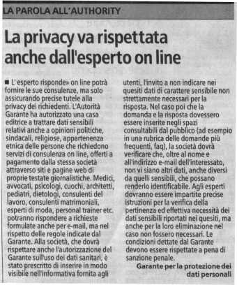 Articolo del Garante privacy su consulenze online da: La Stampa del 12-01-04